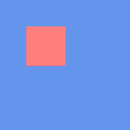 A single dark red square in the upper-left area of an otherwise empty cornflower-blue frame.