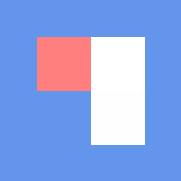 Three of four staggered squares are drawn on cornflower blue: dark red upper-left, light grey to its right, dark grey below that. One square is missing.