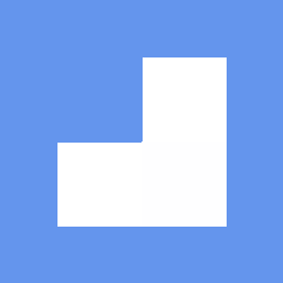 Three staggered squares on cornflower blue: light grey upper-right, light grey lower-left, dark grey lower-right. The dark red square at the reference alpha is missing.