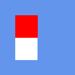A quad with only its left half drawn — a red block above a white block — the right half discarded by the alpha test.