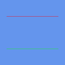 Two separate thin horizontal lines on a cornflower-blue background, a red one near the top and a green one lower down, with no line connecting them.