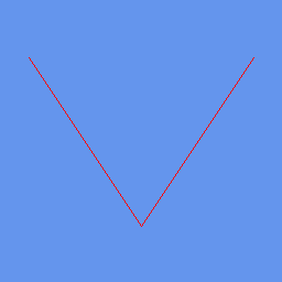 A thin red V-shaped polyline on cornflower blue: two segments meeting at a point near the centre bottom.