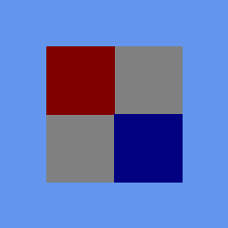The same two-by-two checker quad, uniformly darkened by lighting: dark red, grey, grey and navy instead of red, white, white and blue.