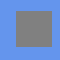 A flatly shaded mid-grey square on cornflower blue, sitting between the one-bone and two-bone positions and slightly higher.