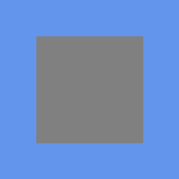 A flatly shaded mid-grey square on cornflower blue, positioned slightly left of centre.