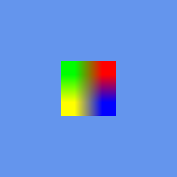 The same four-colour sprite with its colours mirrored left-to-right — green and red now on the left, yellow and blue on the right — drawn further right in the frame.
