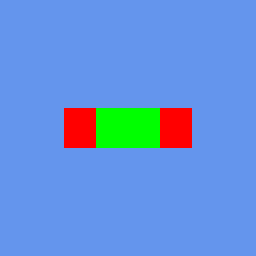 A horizontal band on cornflower blue: a narrow red block, a wide green block, then a narrow red block, symmetrical about its centre.