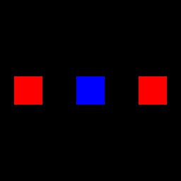 Three small squares in a row on black: red, then blue, then red, drawn from more than one texture inside a single batch.