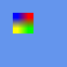 A four-colour sprite — blue and red across the top, yellow and green across the bottom — drawn at an angle so its edges are no longer axis-aligned.