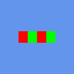 A horizontal band of four blocks in the repeating order red, green, red, green, on cornflower blue.