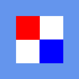 A quad showing a two-by-two checker texture at full brightness: red top-left, white top-right, white bottom-left, blue bottom-right, on cornflower blue.